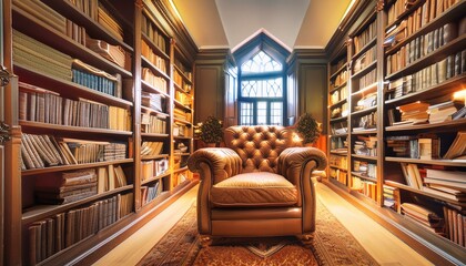 A vintage bookstore overflowing with leather-bound books and a worn armchair bathed in warm lamplight.