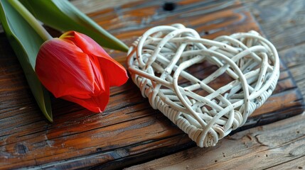 A lovely white wicker heart intertwined with a vibrant red tulip rests gracefully on a rustic wooden board embodying the essence of birthdays Mother s Day Women s Day and weddings