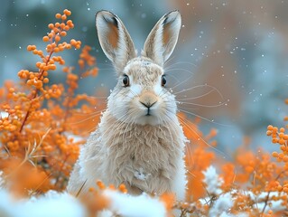 Tranquil Snowshoe Hare in Transition from Winter to Spring