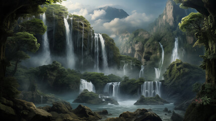 Natural waterfall in forested mountains: A serene cascade of green, flowing water amidst rocks and lush greenery
