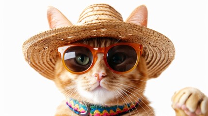 a ginger cat in sunglasses and a sombrero hat is isolated on a white background, the concept of relaxation