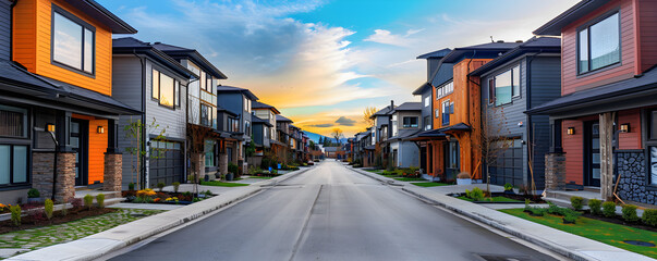 Obraz premium A modern street with various houses front view. It shows a contemporary residential area in a city.