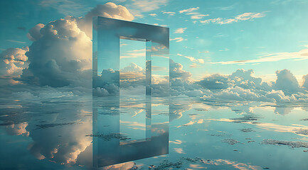 
A large rectangular mirror reflecting the sky with clouds, creating an illusion of infinite space and reflection. A surreal landscape in the style of digital art.