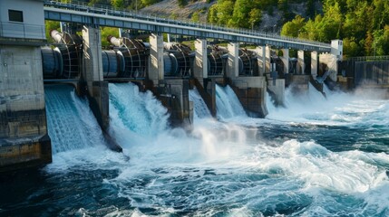 A hydroelectric power plant adjacent to a dam, its turbines harnessing the force of water to generate clean and sustainable energy.