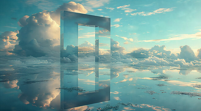 
A large rectangular mirror reflecting the sky with clouds, creating an illusion of infinite space and reflection. A surreal landscape in the style of digital art.