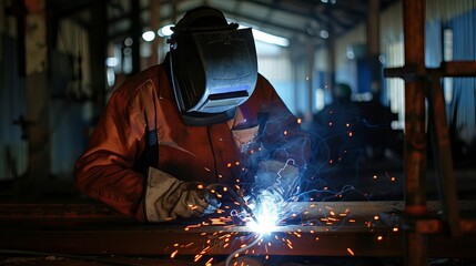 A high-angle view of a welder in a dimly lit environment, sparks flying as they work, illuminated by the glow of the welding process.