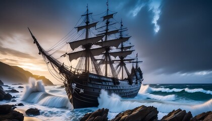 a black Spanish galleon ship on a stormy night with high waves and fierce winds