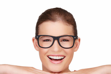 Woman, portrait and eye glasses in studio for vision optometrist on white background, frames or...