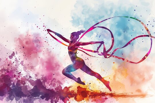 dynamic watercolor painting of a female gymnast performing with ribbons