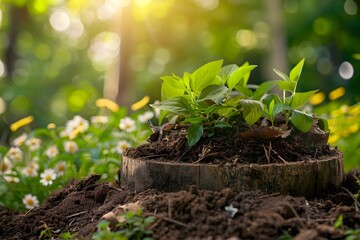 A vibrant photo capturing young green plants sprouting from the soil atop an old tree stump, surrounded by white flowers, with the sun casting a warm glow through the trees in the background - Powered by Adobe