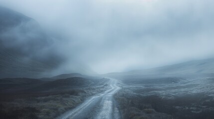 A mountain road disappearing into the misty clouds, creating an ethereal and mysterious atmosphere in the highlands.