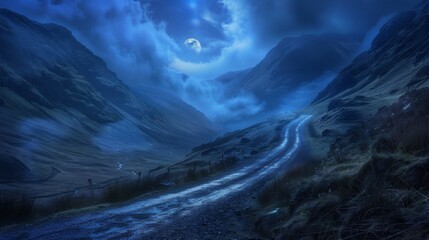 A mountain road illuminated by the soft glow of moonlight, casting shadows and creating an enchanting nocturnal scene in the highlands.