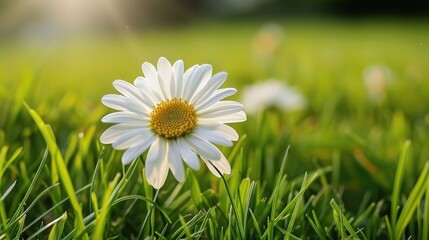 Detailing a vibrant daisy flourishing in a green spring field