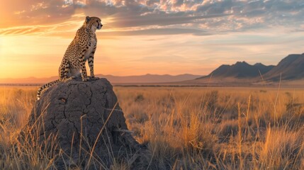 A cheetah surveys the vast savanna from atop a termite mound, the setting sun's vibrant hues painting the mountains in the panoramic view. - obrazy, fototapety, plakaty