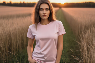 woman standing in field wearing light pink t-shirt, t-shirt mock-up,