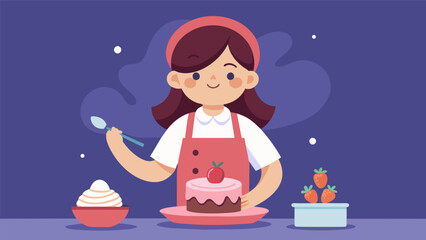 Fototapeta premium A girl delicately plating a dessert with precision and concentration as she learns to create culinary masterpieces on Young Chefs Day.