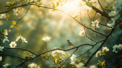 Birds sing joyfully on tree branches adorned with spring blossoms, against a backdrop of sunlight, capturing the essence of spring.