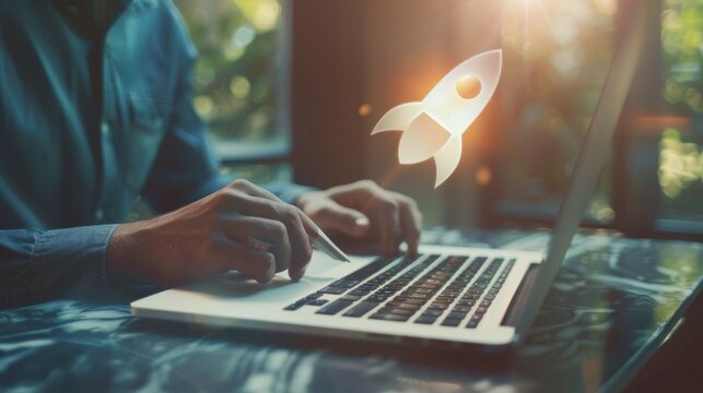 Businessgirl uses laptop with virtual rocket icon and up arrow, symbolizing startup success through strategic planning.