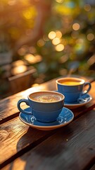 Obraz premium morning coffee, two espresso cups on a wooden table in a cafe or coffee shop.