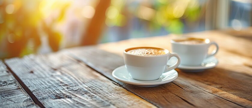 morning coffee, two espresso cups on a wooden table in a cafe or coffee shop.