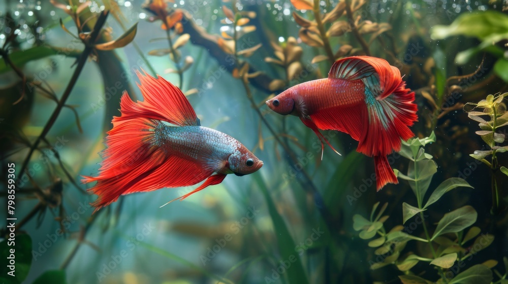 Aufkleber A pair of Betta fish in a tranquil aquatic scene, their serene presence adding a touch of tranquility to any environment.