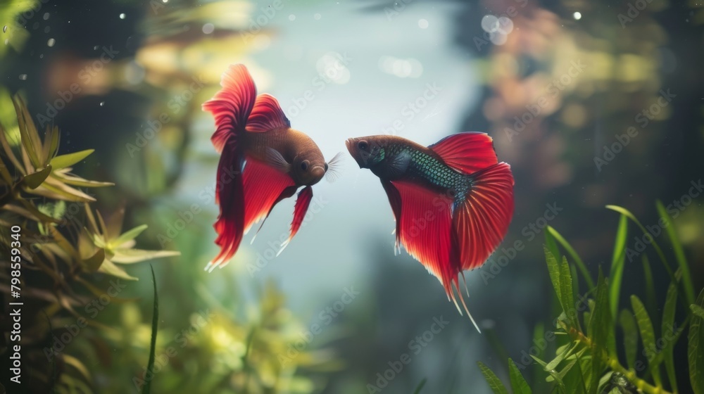 Poster A pair of Betta fish in a tranquil aquatic scene, their serene presence adding a touch of tranquility to any environment.