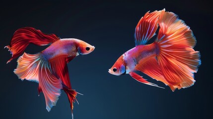 Fototapeta premium A pair of Betta fish engaged in a courtship dance, their elegant movements and vibrant colors symbolizing the beauty of natural romance.