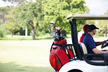 Men, friends and driving golf cart on outdoor field for fitness, clubs and people for sport or exercise. Golfer, athlete and vehicle on green grass for workout, fun and transportation on arena