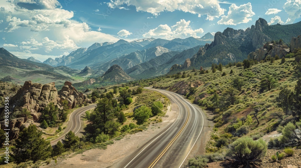 Poster a panoramic shot of a scenic mountain highway, surrounded by towering peaks and winding its way thro