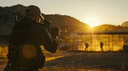 SWAT officer trains at outdoor range during daylight hours. - obrazy, fototapety, plakaty