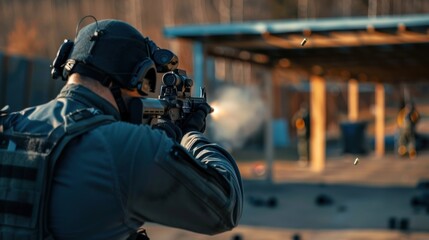 SWAT officer trains at outdoor range during daylight hours.