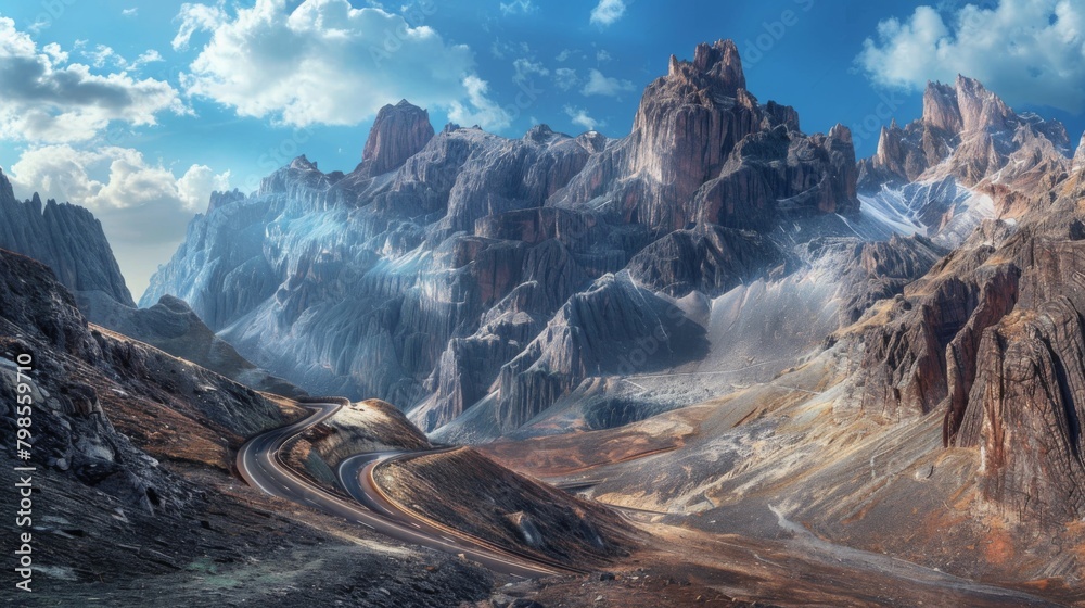 Poster a panoramic shot of a scenic mountain highway, surrounded by towering peaks and winding its way thro