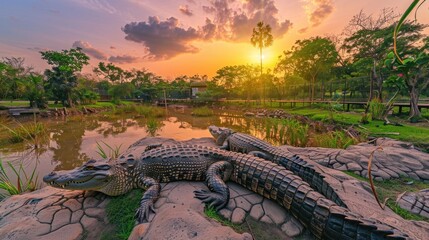 The Crocodile farm offers visitors a fascinating glimpse into the world of these ancient reptiles, behavior, and conservation efforts aimed at preserving their natural environments. - obrazy, fototapety, plakaty