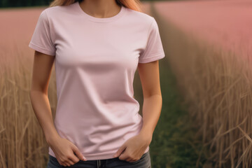 woman standing in field wearing light pink t-shirt, t-shirt mock-up, face not visible 