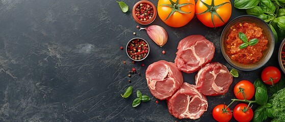 ingredients needed to make ossobuco, a typical Italian meat dish. Top view with space for copy.