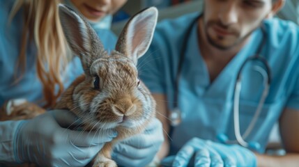A patient rabbit receives attentive care from a veterinary team, ensuring the animal's comfort during a routine health evaluation.