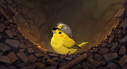 A small Canary bird wearing small miner's hard yellow hat in mine shaft, canary in the coal mine, idiom concept, anime bbird