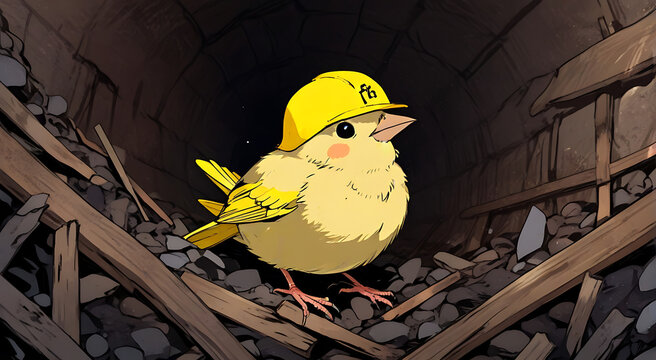 A small Canary bird wearing small miner's hard yellow hat in mine shaft, canary in the coal mine, idiom concept, anime style
