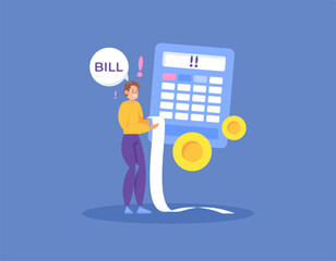 expensive monthly bills. manage and calculate all bills. a man was shocked because he saw a large bill report. problems, management, expenses, and finances. illustration concept design. graphic 