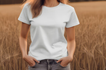 woman standing in field wearing white t-shirt, t-shirt mock-up, face not visible 
