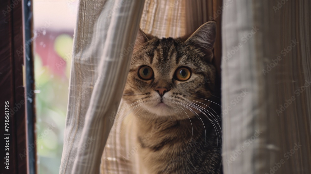 Aufkleber a round-faced cat peeking out from behind a curtain, its curious expression hinting at its eagerness