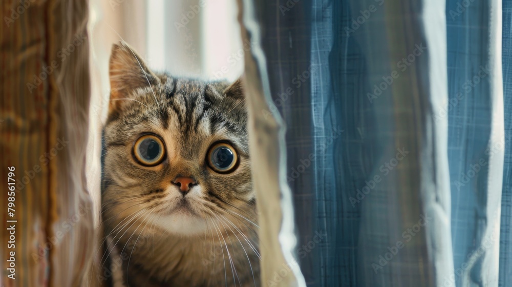 Aufkleber a round-faced cat peeking out from behind a curtain, its curious expression hinting at its eagerness