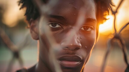 The close up picture of the african american basketball player man is standing inside basketball court and looking at camera, basketball require skill physical fitness, teamwork and technique. AIG43. - Powered by Adobe