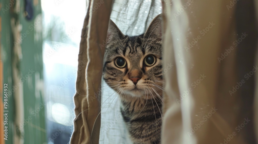 Aufkleber a round-faced cat peeking out from behind a curtain, its curious expression hinting at its eagerness