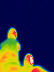 Men's legs, trousers, top view .Image from thermal imager device.