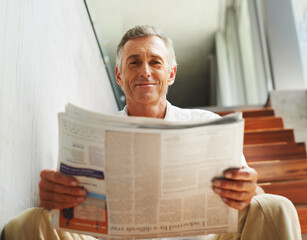 Mature, man and portrait smile with newspaper for journalist report or press information, global or...
