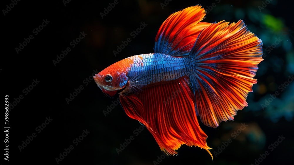 Wall mural A vibrant Betta fish swimming gracefully in a glass aquarium, its flowing fins and iridescent scales catching the light with stunning beauty.