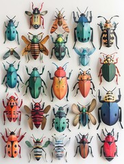 A grid of 30 colorful paper bugs.