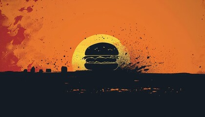 A minimalist drawing of a burger against a setting sun.