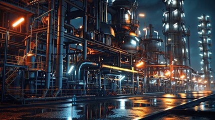 Fototapeta premium A chemical plant or an oil refinery in the night, with lights, pipes and installations. copy space for text.